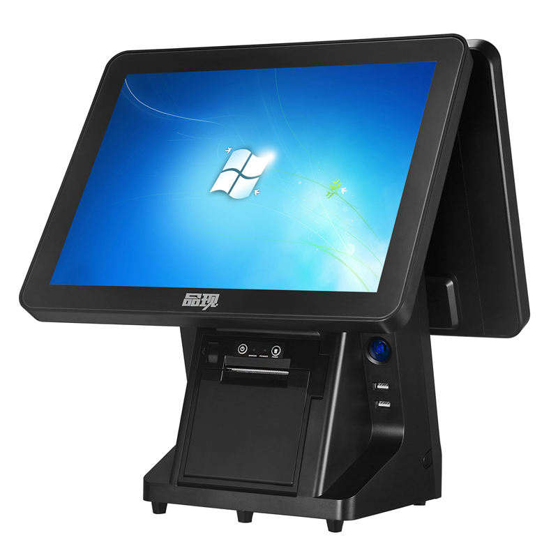 15 inch dual screen POS system running Windows with built-in 80mm thermal receipt printer