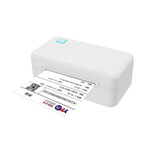 White 80mm thermal label printer printing barcode sticker via WiFi for shipping and retail