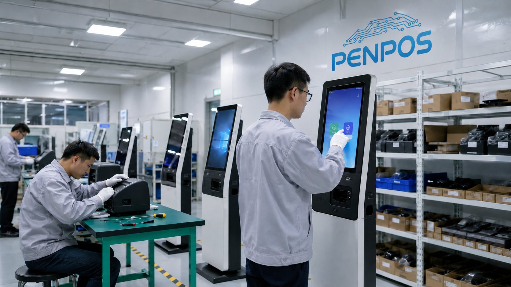 Factory testing of self-service kiosk and POS hardware