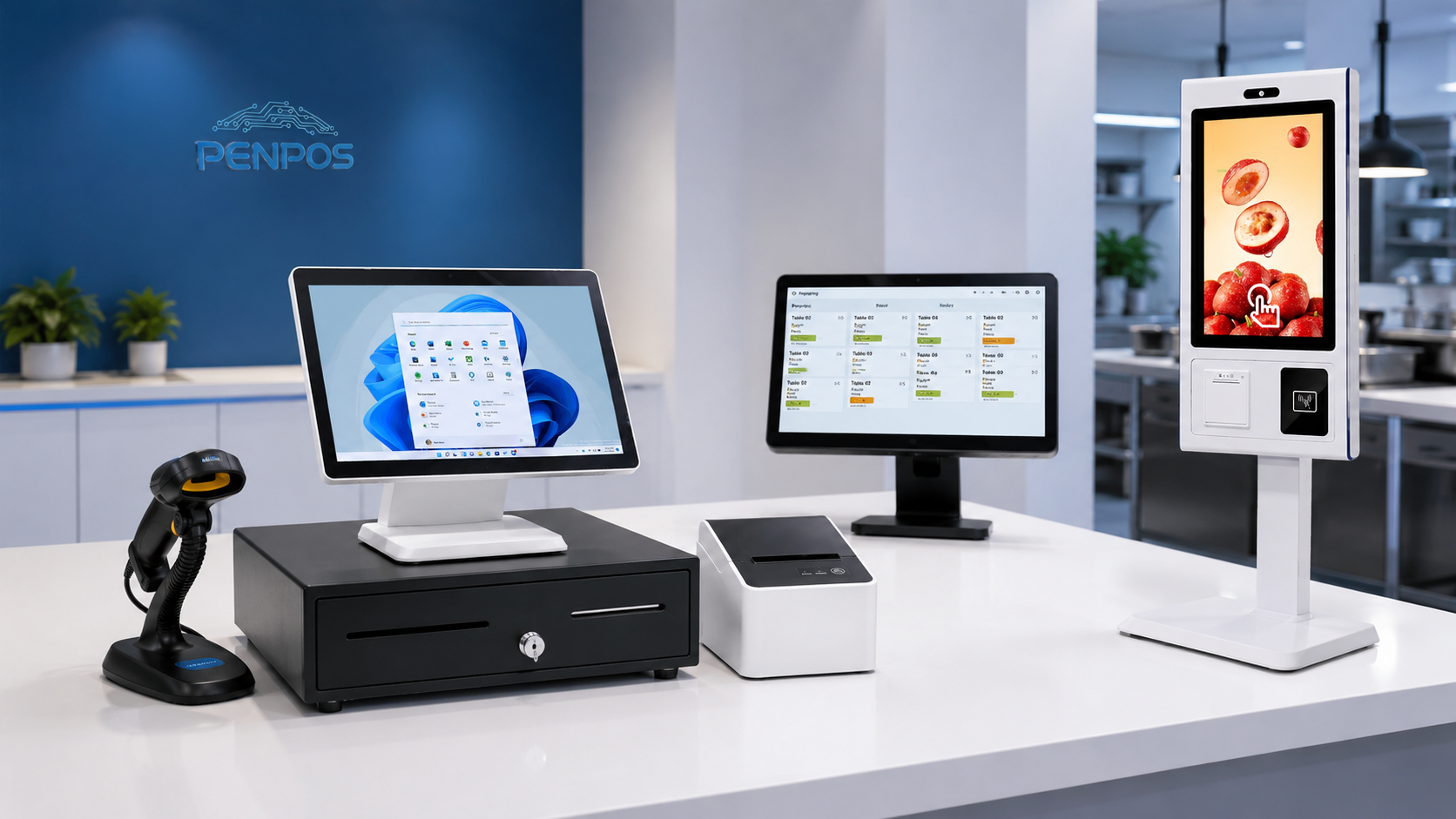 Shenzhen PENPOS restaurant POS hardware including kiosk, printer and display