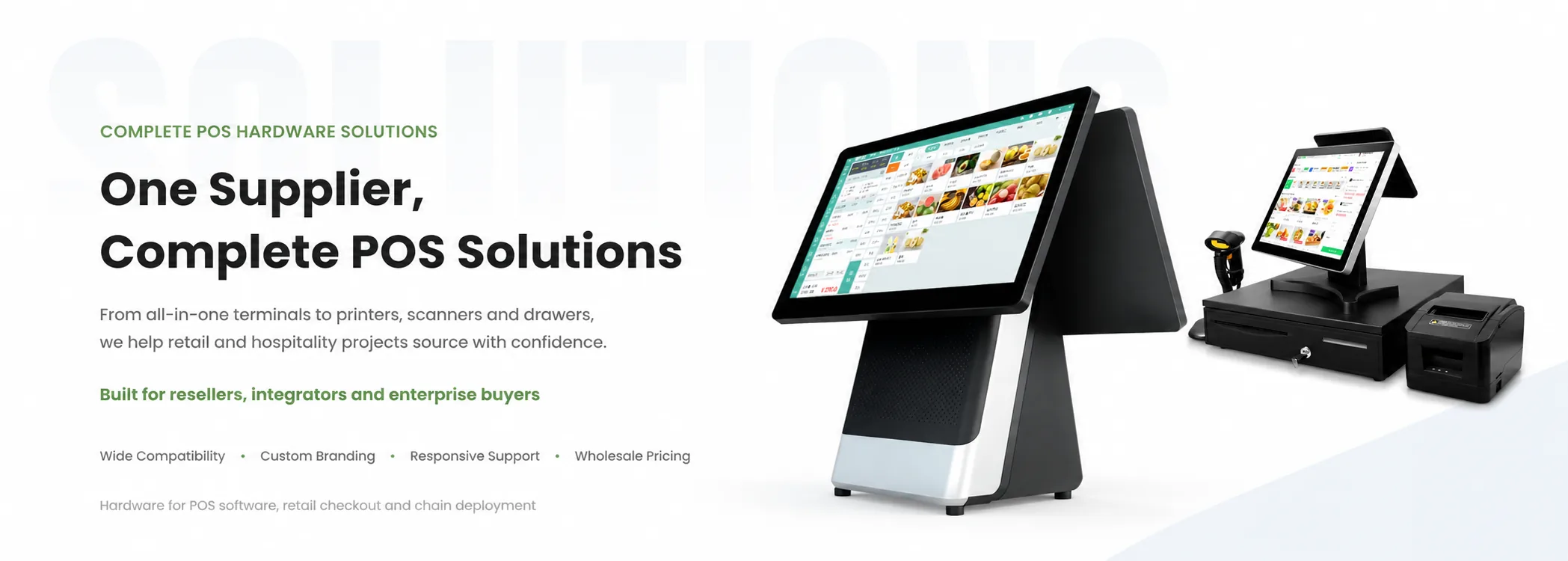 Complete POS hardware solutions banner with terminals printers scanners and cash drawers