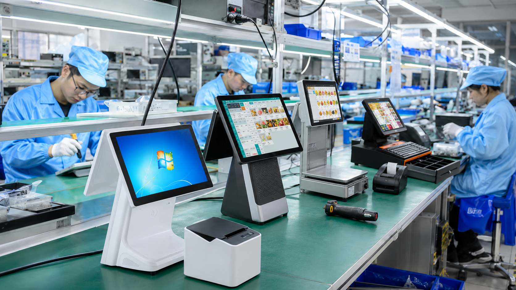 POS hardware production line with terminals scales printers and assembly workers