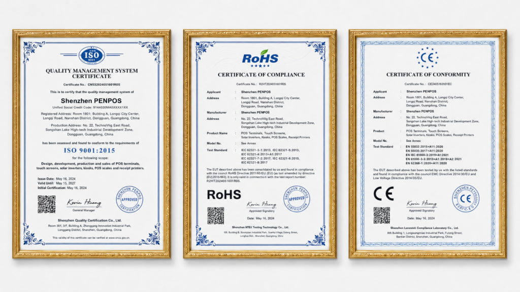 PENPOS quality and compliance documents for POS hardware supply