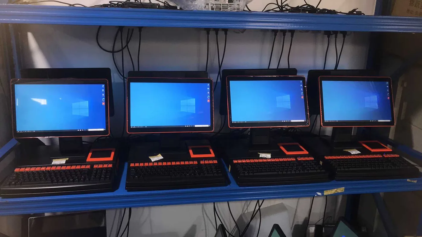 PENPOS Windows POS systems arranged for batch hardware testing