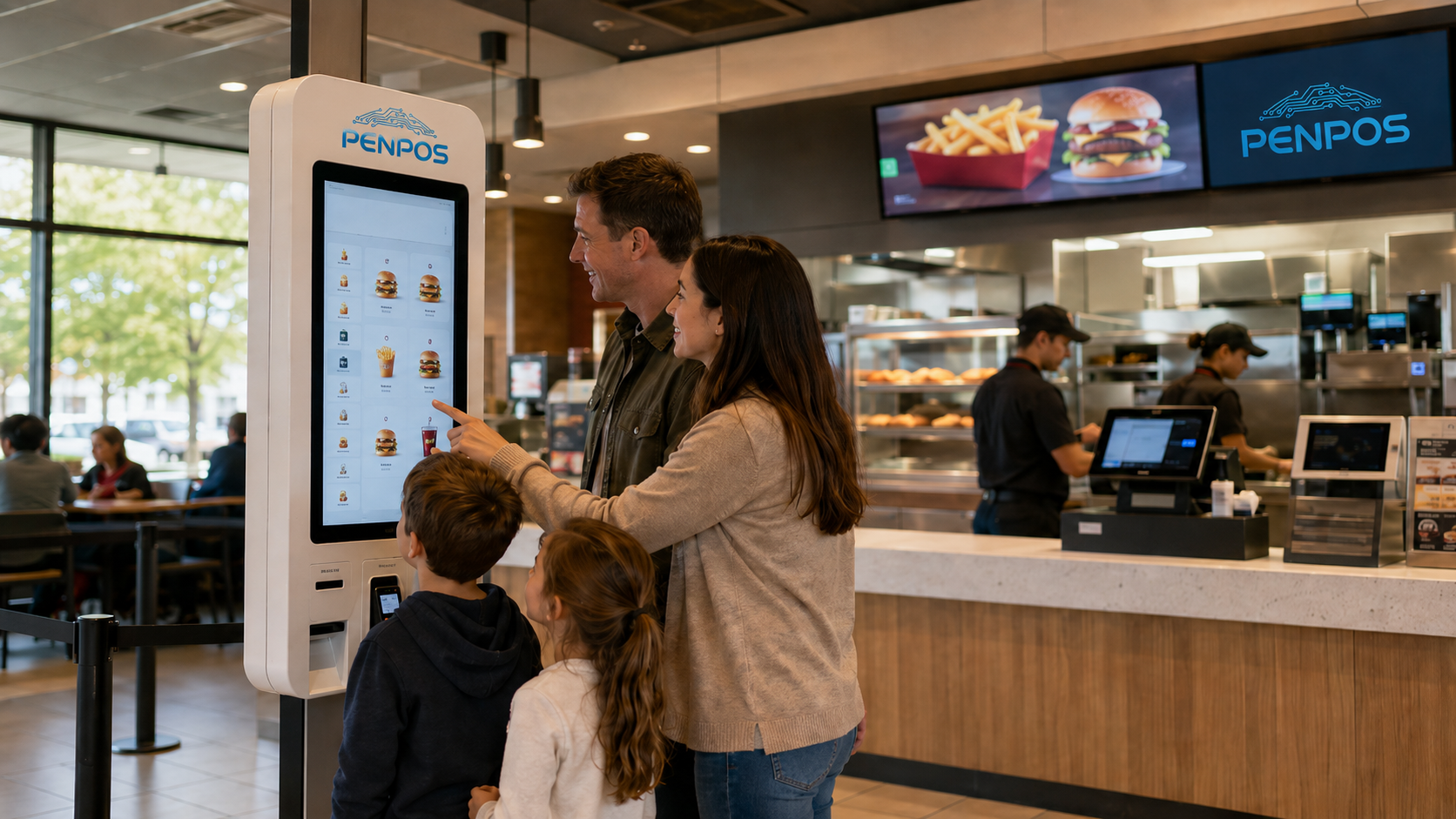 Restaurant customers using self-ordering kiosk and POS terminal