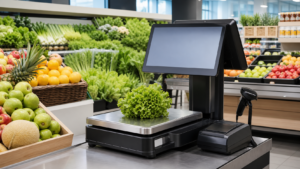 AI POS scale with dual screen, weighing platform, barcode scanner, and receipt printer in a fresh produce supermarket checkout area