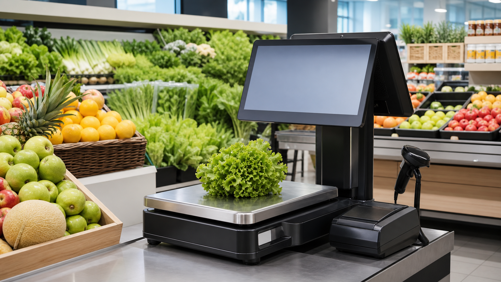 AI POS scale with dual screen, weighing platform, barcode scanner, and receipt printer in a fresh produce supermarket checkout area