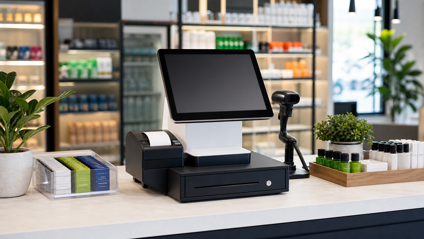 All-in-one POS system with touchscreen, receipt printer, barcode scanner, and cash drawer on a modern retail checkout counter