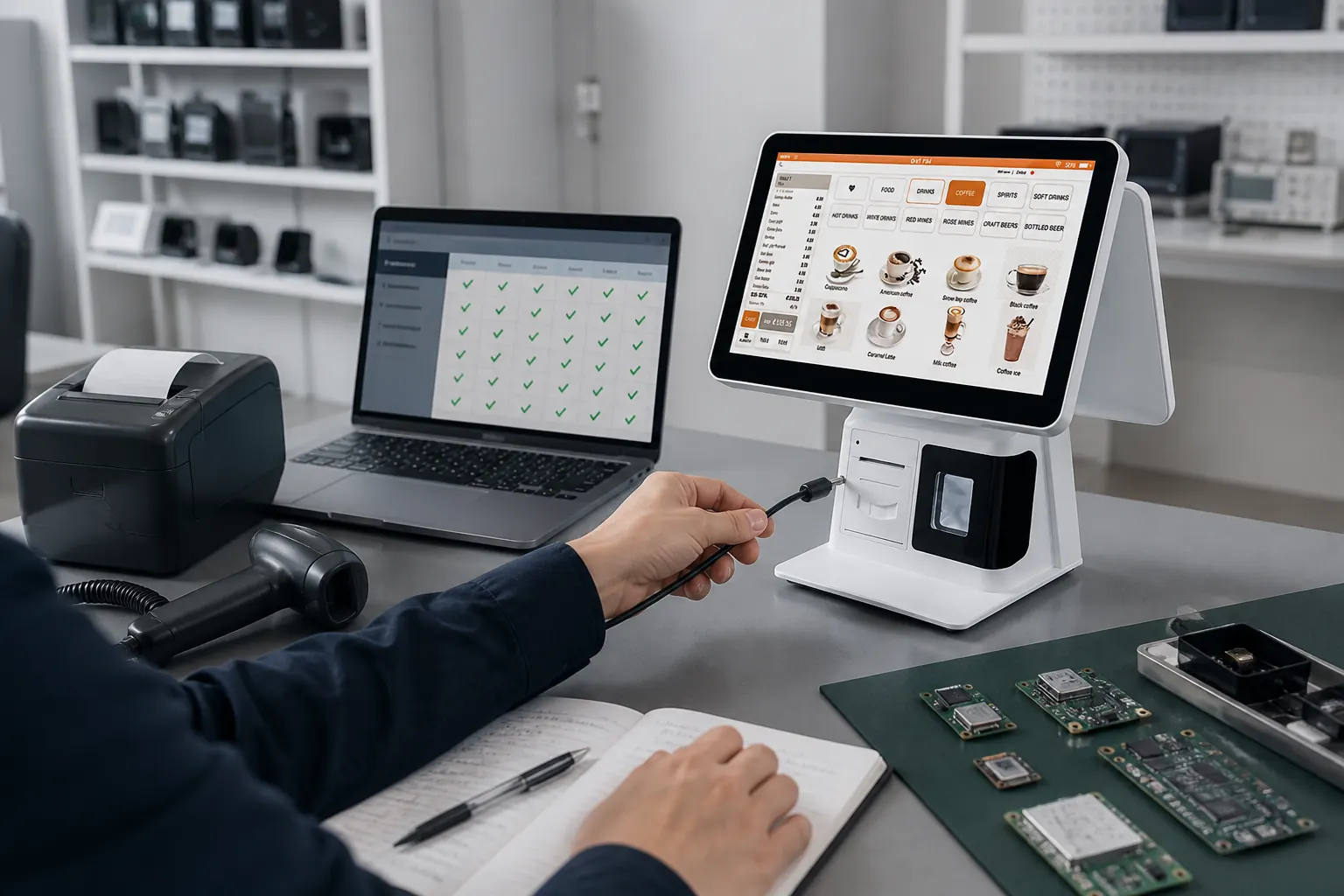 POS terminal tested with receipt printer scanner and software checklist