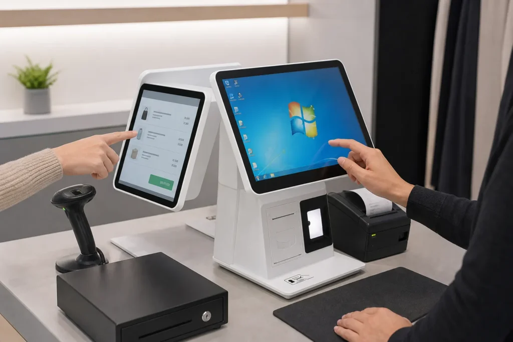 Dual-screen POS terminal with cashier and customer-facing checkout displays