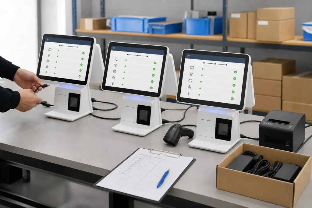 Multi-store POS hardware staged for configuration and deployment checks