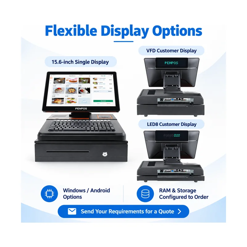 PENPOS compact cash register with single screen LED8 and VFD customer display options