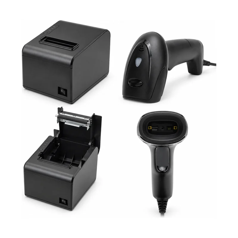 Optional 80mm thermal receipt printer and wired handheld barcode scanner