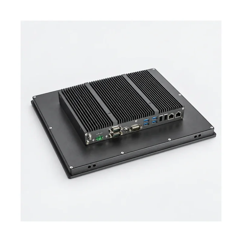 Rear view of fanless industrial panel PC with finned embedded computer module