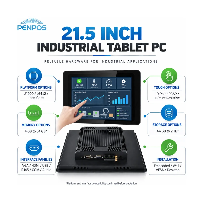21.5 inch industrial tablet PC configuration options for processor touch memory storage interfaces and mounting