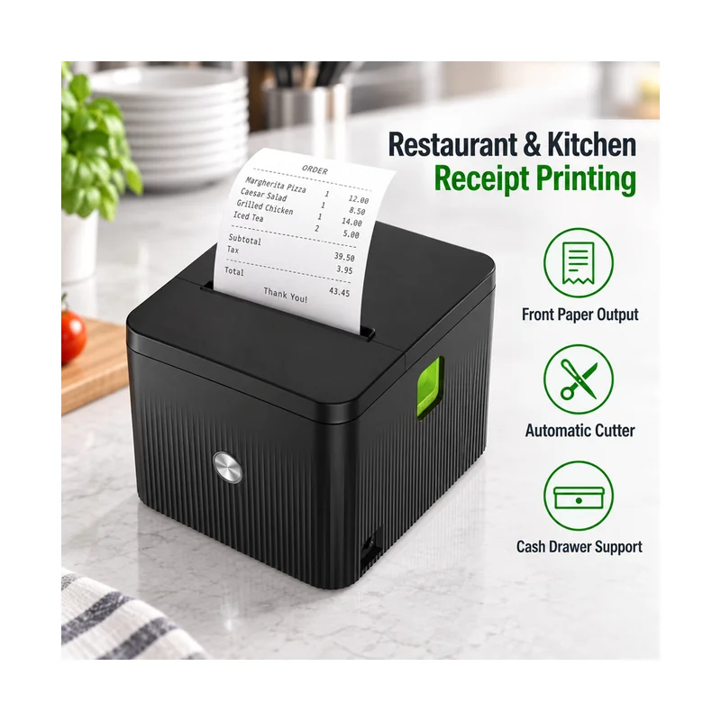 Front-output thermal receipt printer for restaurant and kitchen order printing