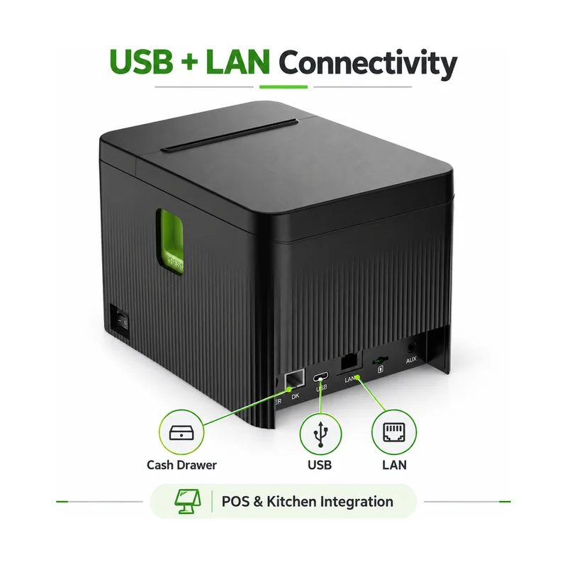 Rear interface view showing USB LAN and cash drawer connections