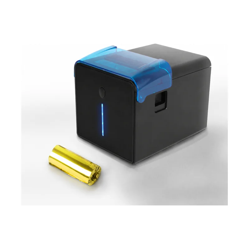 80mm kitchen thermal receipt printer with blue translucent cover in front angle view