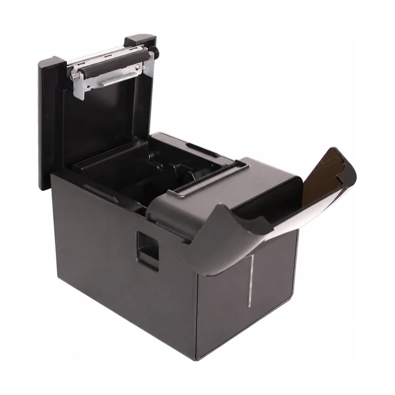 Open 80mm receipt printer showing paper compartment and cutter mechanism