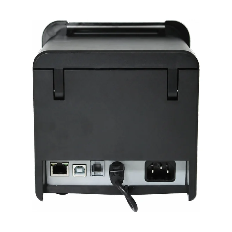 Rear view of 80mm thermal printer showing LAN USB and cash drawer connections