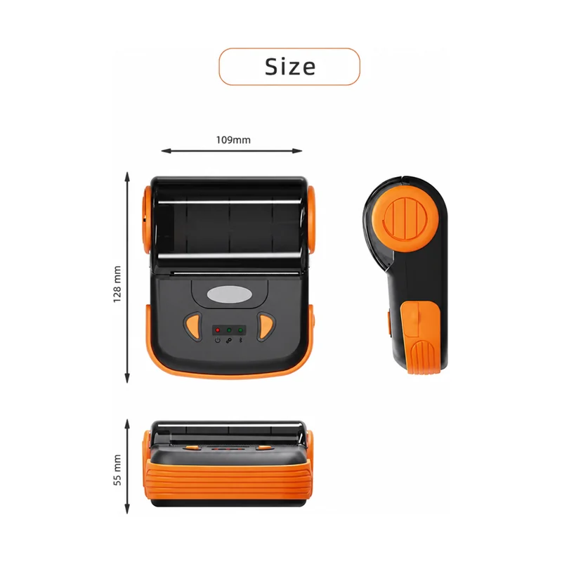 Mini portable thermal receipt printer dimensions 109 by 128 by 55 millimeters