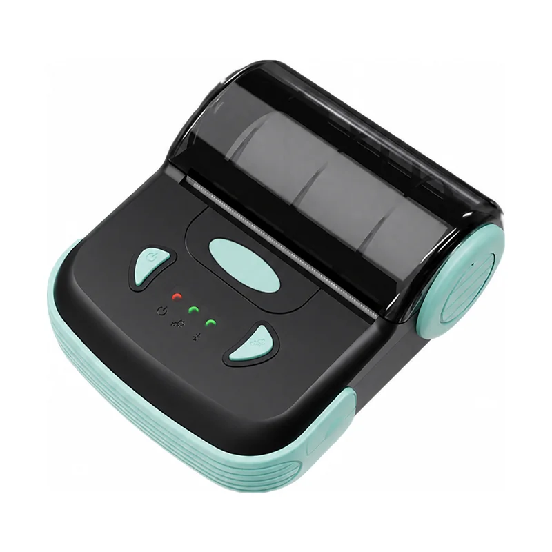 Compact 80mm Bluetooth thermal printer with mint trim and transparent paper cover