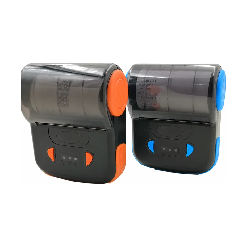 Bluetooth portable receipt printer in orange and blue trim color variants