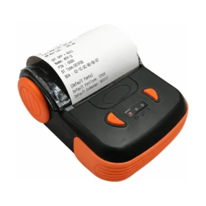 80mm mini portable thermal receipt printer with orange trim printing a receipt