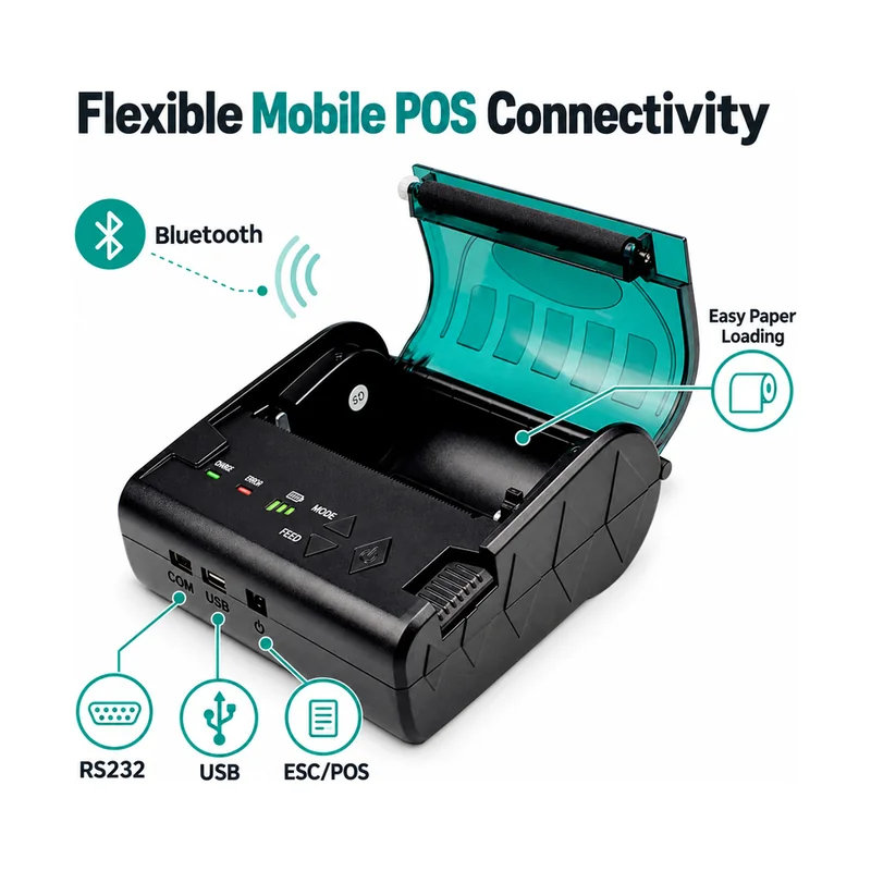 Open portable thermal printer showing Bluetooth USB RS232 and easy paper loading