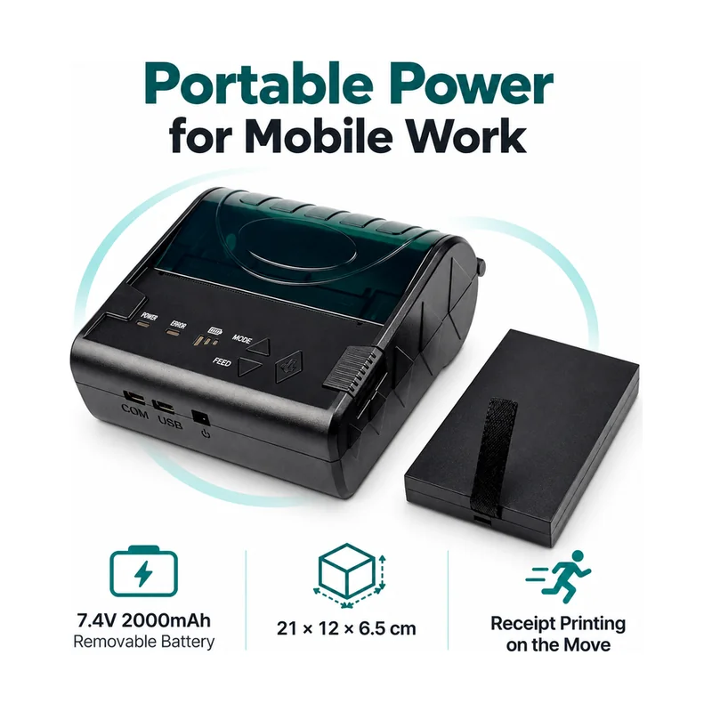 Portable thermal printer with removable 7.4V 2000mAh battery and 21 by 12 by 6.5cm dimensions