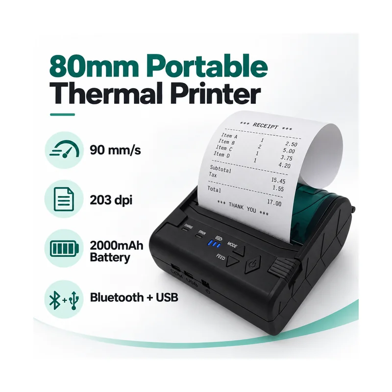 Portable receipt printer with 90mm per second 203dpi Bluetooth USB and 2000mAh battery