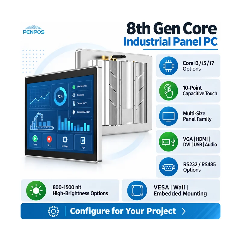 Configurable 8th Gen industrial panel PC with ten-point touch high brightness and mounting options