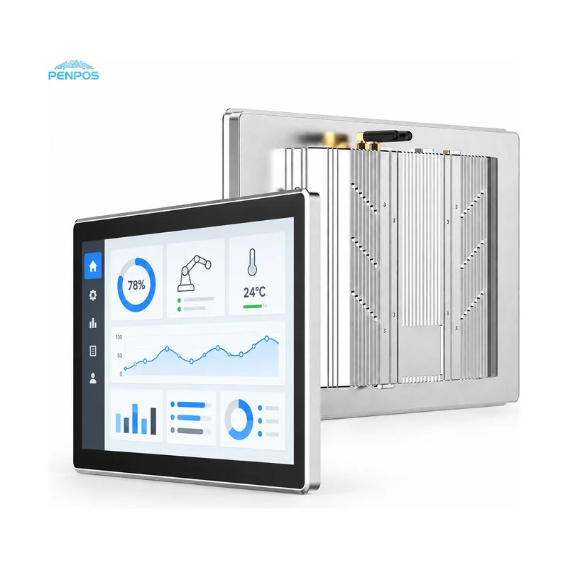 8th Gen industrial panel PC with silver frame and rear aluminum cooling fins