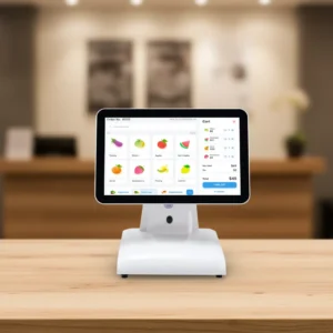 15 inch foldable POS terminal in white on a retail checkout counter