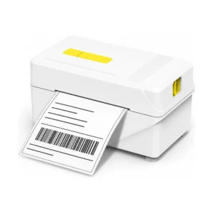 A318 80mm desktop thermal label printer printing a barcode label