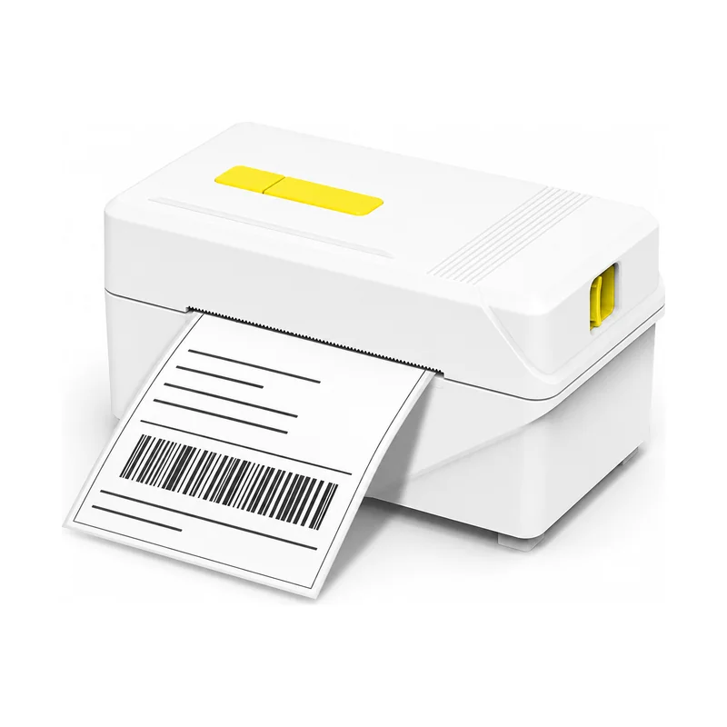 A318 80mm desktop thermal label printer printing a barcode label