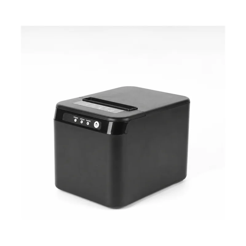 Compact cube 80mm thermal receipt printer in black front angle view