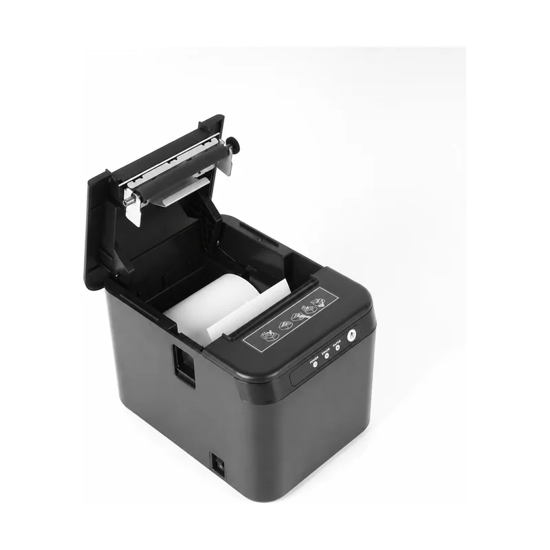 Compact 80mm POS receipt printer with open paper compartment and cutter mechanism