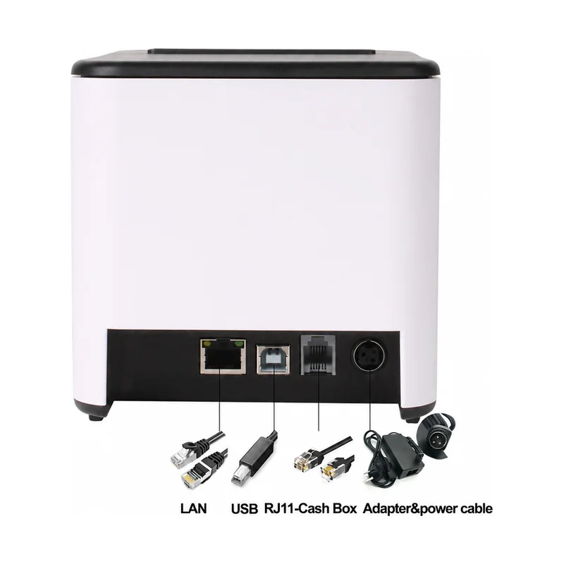 Rear interface view of compact 80mm receipt printer showing USB LAN and cash drawer ports