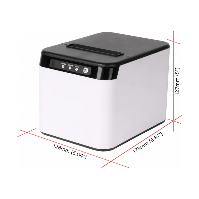 White and black compact thermal receipt printer with 128 by 173 by 127 mm dimensions