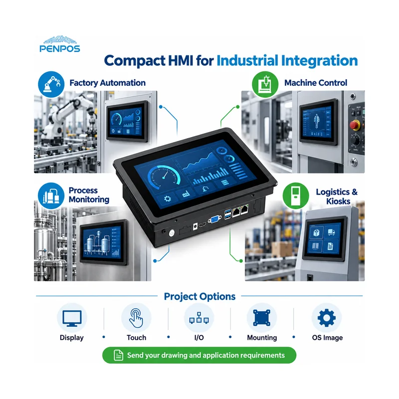 Compact industrial HMI panel PC for factory automation machine control process monitoring and logistics