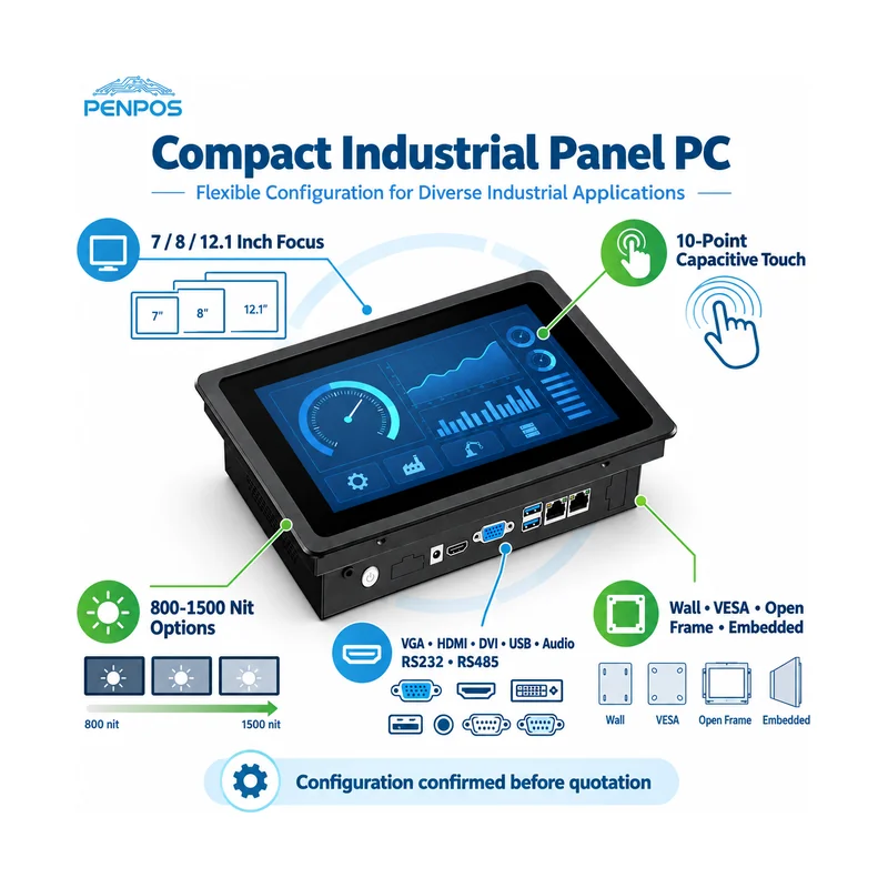 Compact industrial panel PC configuration options for size touch brightness interfaces and mounting
