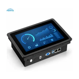 Compact black industrial panel PC with recessed bezel and industrial HMI dashboard
