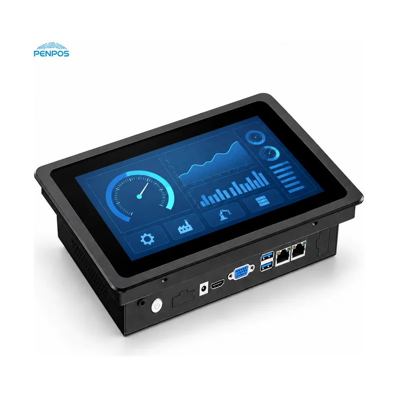 Compact black industrial panel PC with recessed bezel and industrial HMI dashboard
