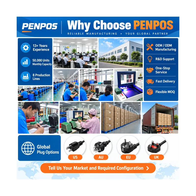 PENPOS OEM ODM POS manufacturing production testing warehouse and global plug options
