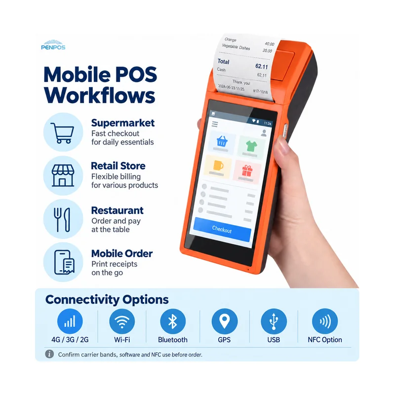 Mobile POS workflows and connectivity options for supermarket retail restaurant and field receipt printing