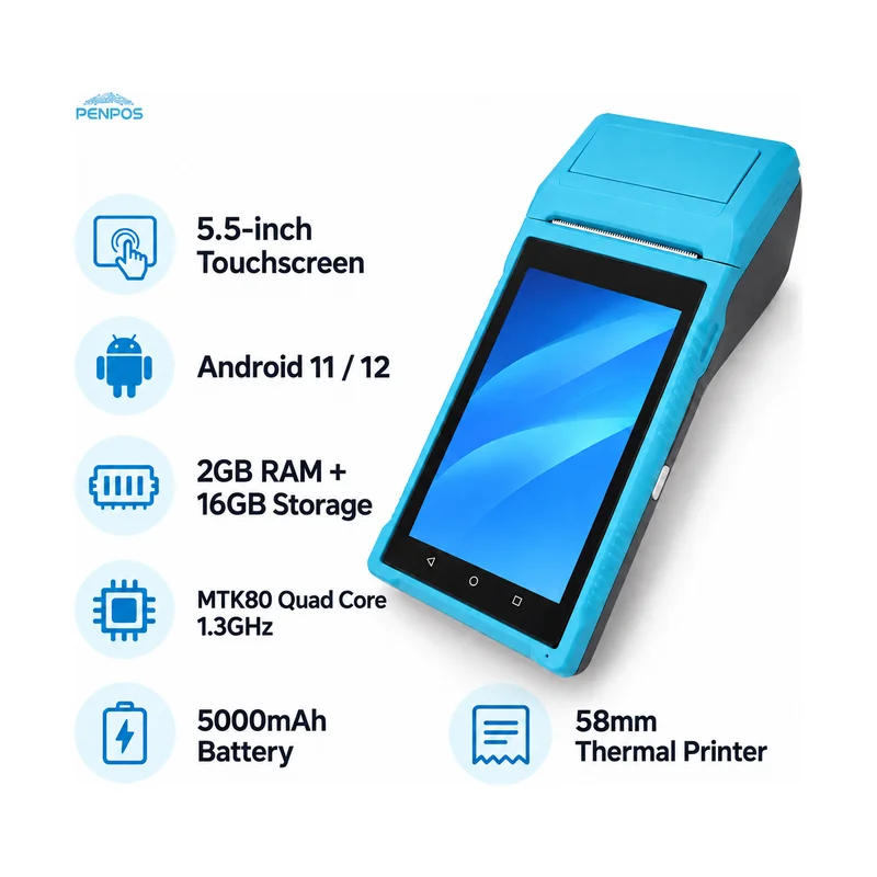 Handheld POS terminal configuration with 5.5 inch screen Android 11 or 12 2GB RAM 16GB storage 5000mAh battery and 58mm printer