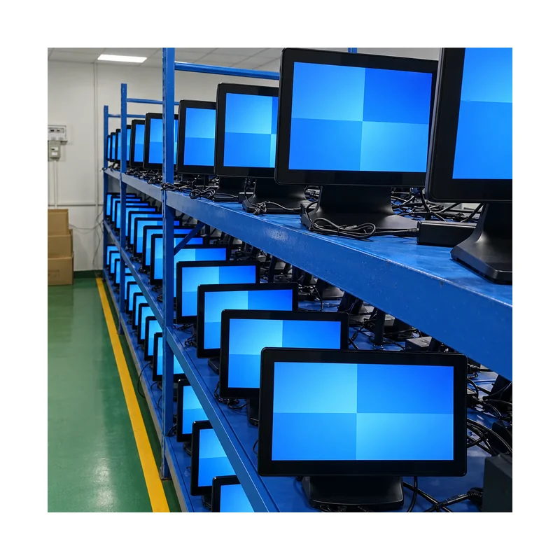 Rows of all-in-one POS terminals undergoing factory burn-in screen testing