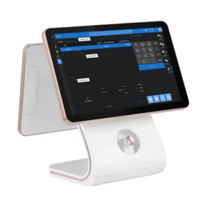 Rose gold dual screen POS terminal with white curved stand and rear customer display