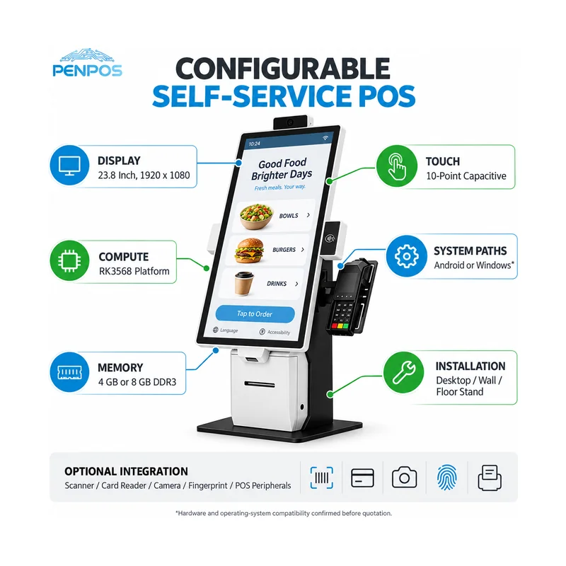 Self-service ordering kiosk configuration options for display processor memory touch system peripherals and installation